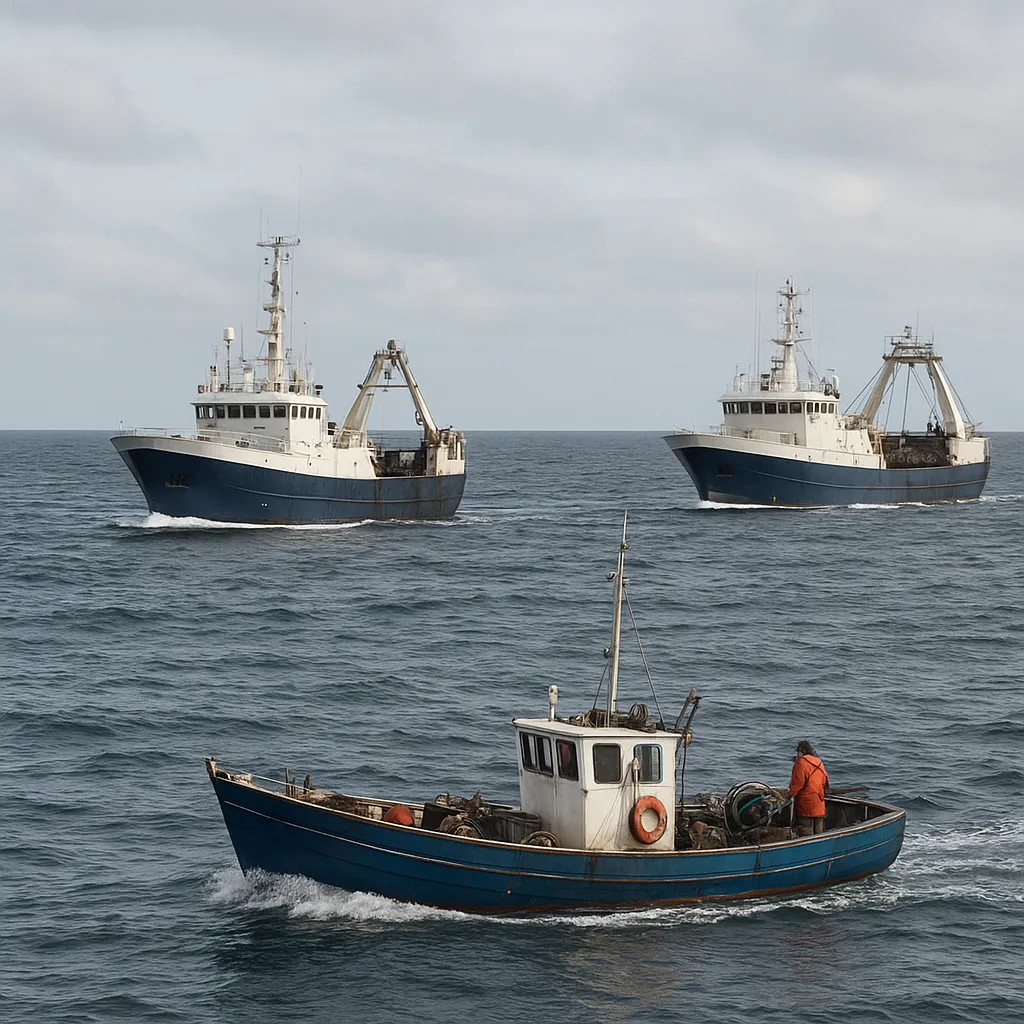 Porównanie małych łodzi rybackich z dużymi trawlerami przemysłowymi
