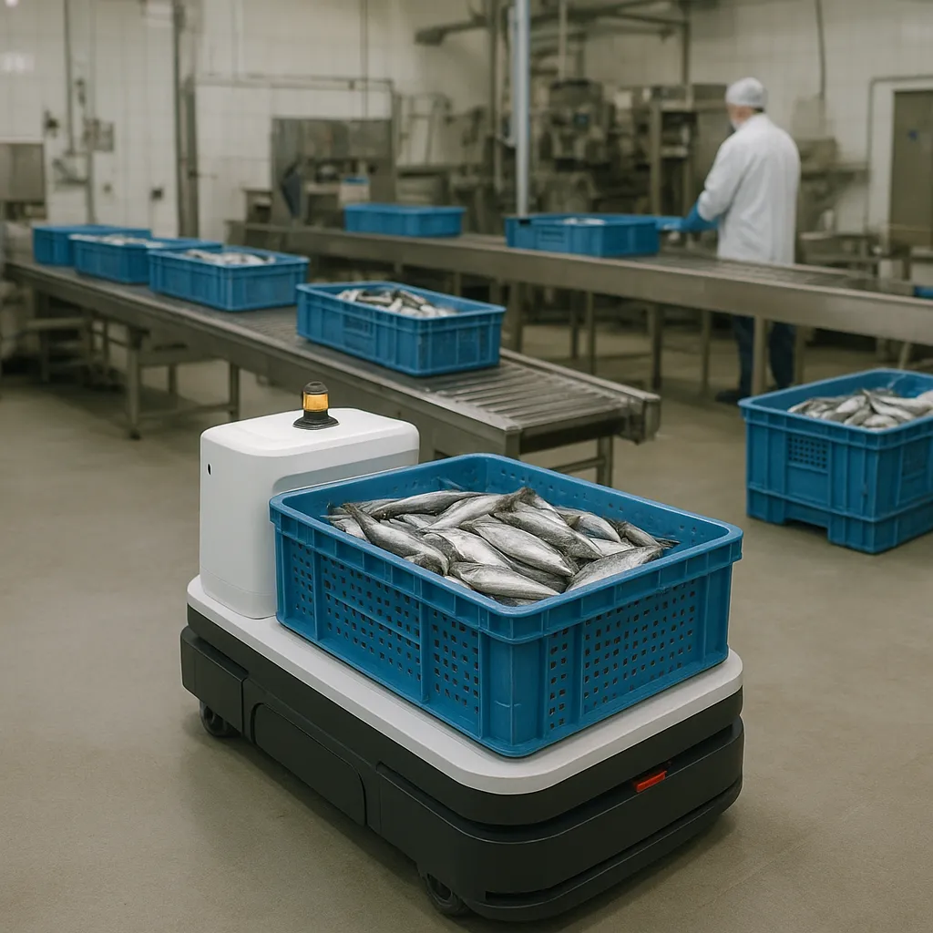 Roboty mobilne AMR w transporcie wewnętrznym w zakładach rybnych