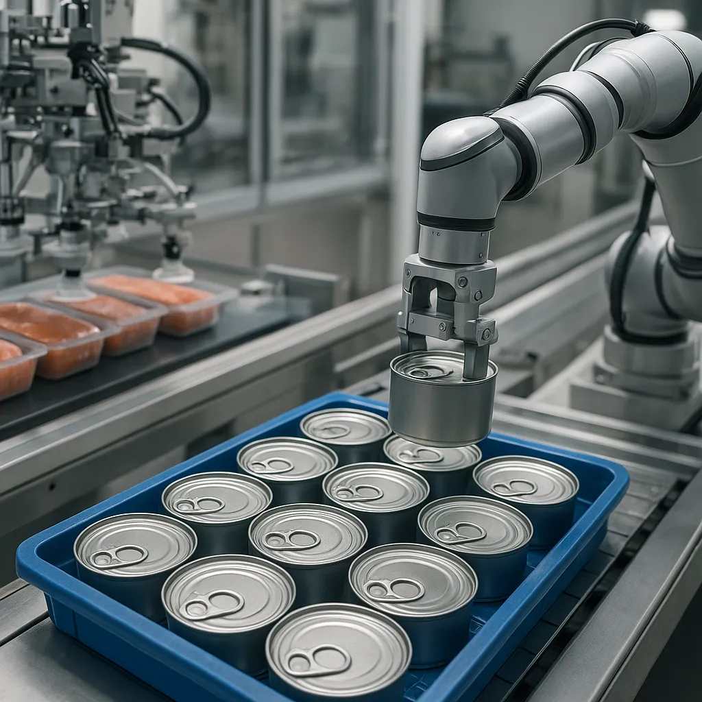 Roboty do układania produktów w puszkach i tackach